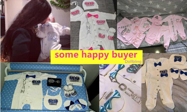 5pcs Handmade DIY Vinyl Name Personalized Baby Girl Newborn Jewels Crown Pink Take Me Home Layette 5 Piece Deluxe Gift Set - My Store