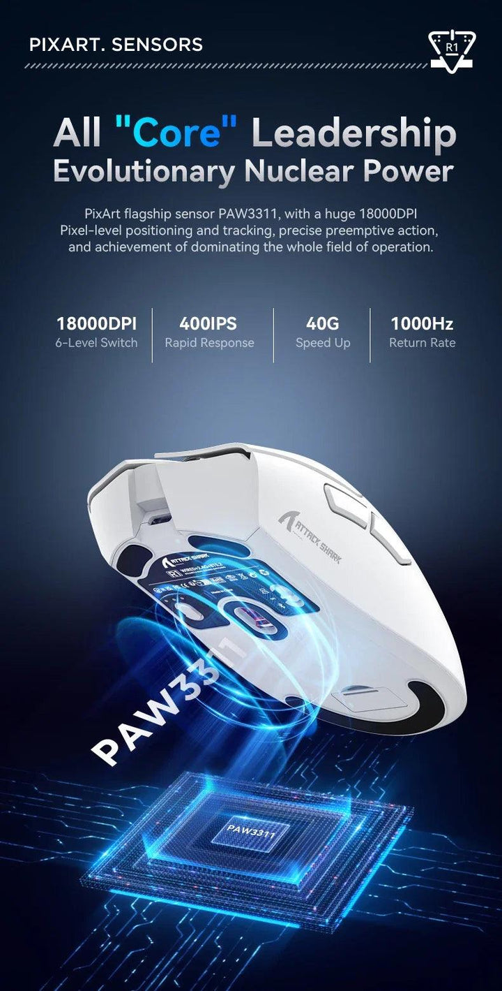Attack Shark R1 18000dpi Wireless Bluetooth Mouse, Ultra Lightweight Ergonomic Design Mouse, PAW3311 Macro Gaming Mouse - My Store