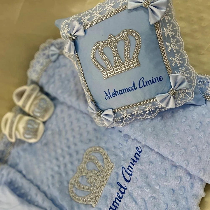 5pcs Handmade DIY Vinyl Name Personalized Baby Girl Newborn Jewels Crown Pink Take Me Home Layette 5 Piece Deluxe Gift Set - My Store